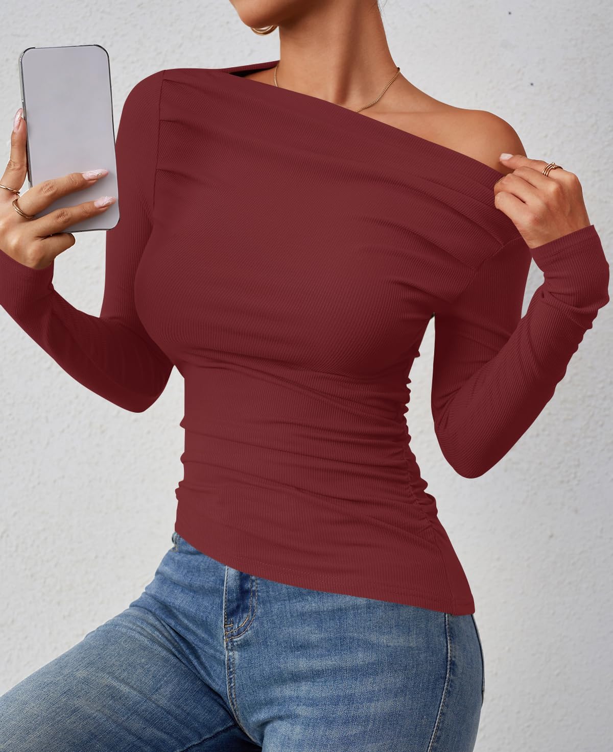 ZESICA Womens Off Shoulder Long Sleeve Tops 2026 Spring Casual Boat Neck Ruched Slim Fit Going Out Y2k Shirts Blouses - Image 2