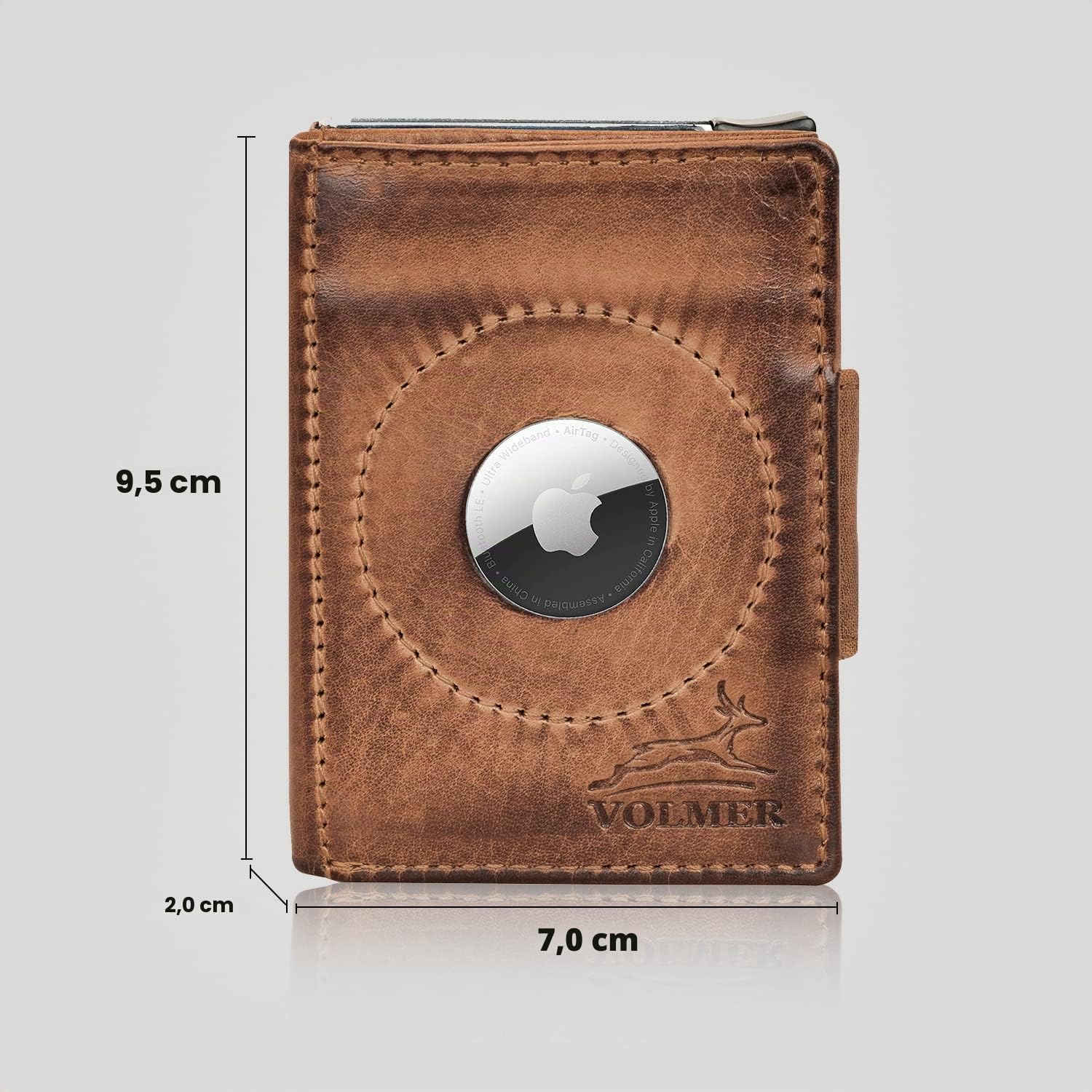 Fa.Volmer ® Echt-Leder AirTag Kartenetui mit Münzfach - max. 12 Karten - RFID Schutz - Herren & Damen | Geldbörse VO34 (Antique Brown)
