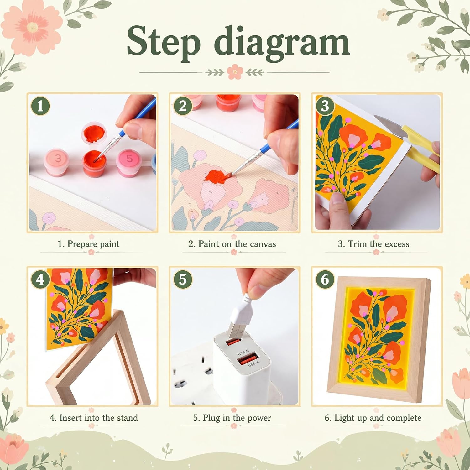 Yalikop 13 Pcs Interchangeable Lighted Floral Paint by Numbers with Frame