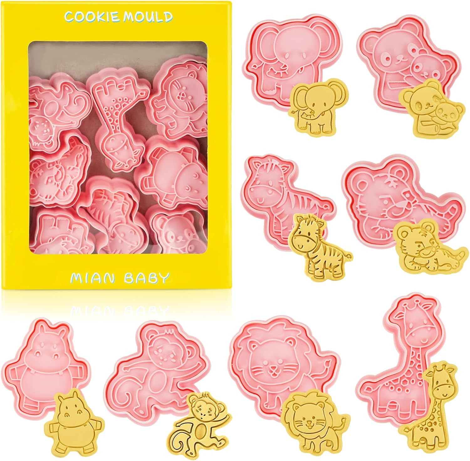 8 Pcs Cookie Cutters, 3D Cookie Cutter with Plunger Stamp, Animal Shape Molds, Embossing Plastic Biscuit Cutter Set for Kids Fondant Cookie Baking Cake Decorations Birthday Party Supplies