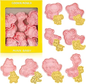 8 Pcs Cookie Cutters, 3D Animal Shape with Plunger Stamp | Fondant Molds, Embossing Plastic, Biscuit Cutter, Kids, Baking Cake Decorations, Birthday Party Supplies