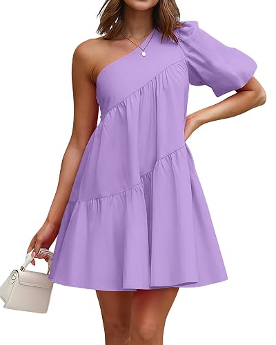 KIRUNDO Summer One Shoulder Mini Baby Doll Dresses Women 2026 Casual Puff Sleeve Loose Tiered A Line Flowy Short Dress(Purple, Large)