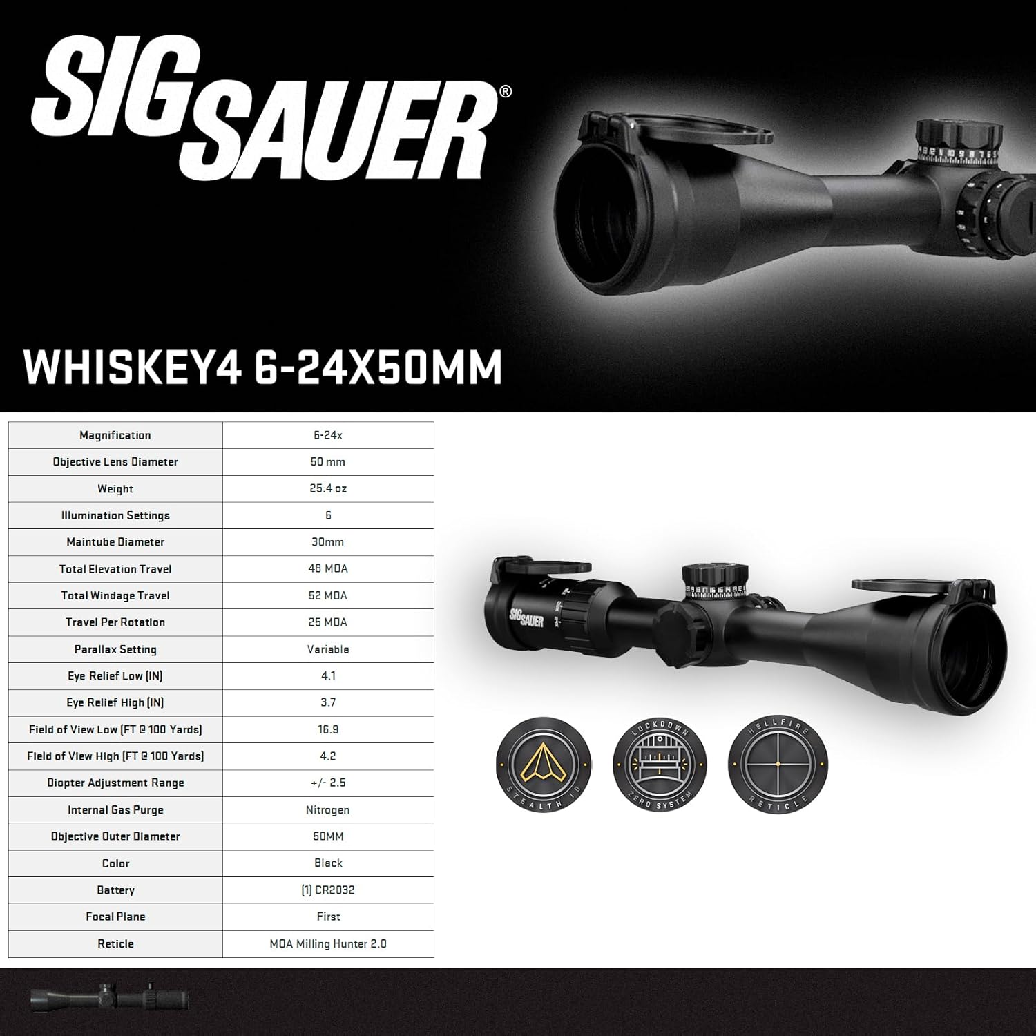 SIG SAUER WHISKEY4 6-24X50mm 30mm Tube F1/FFP Durable Accurate Waterproof Fogproof Black Hunting Shooting Riflescope, Flip-Back Caps & Throw Lever Included