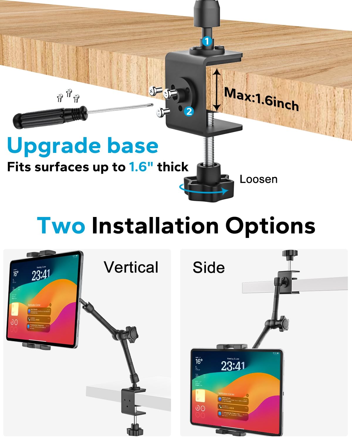 Soporte para tablet de 16 pulgadas, brazo de metal, ajustable 360°, brazo para cocina, escritorio, cama, armario de cocina, iPad Pro Air Mini, Galaxy Tab, e-Reader 4,7-16 pulgadas