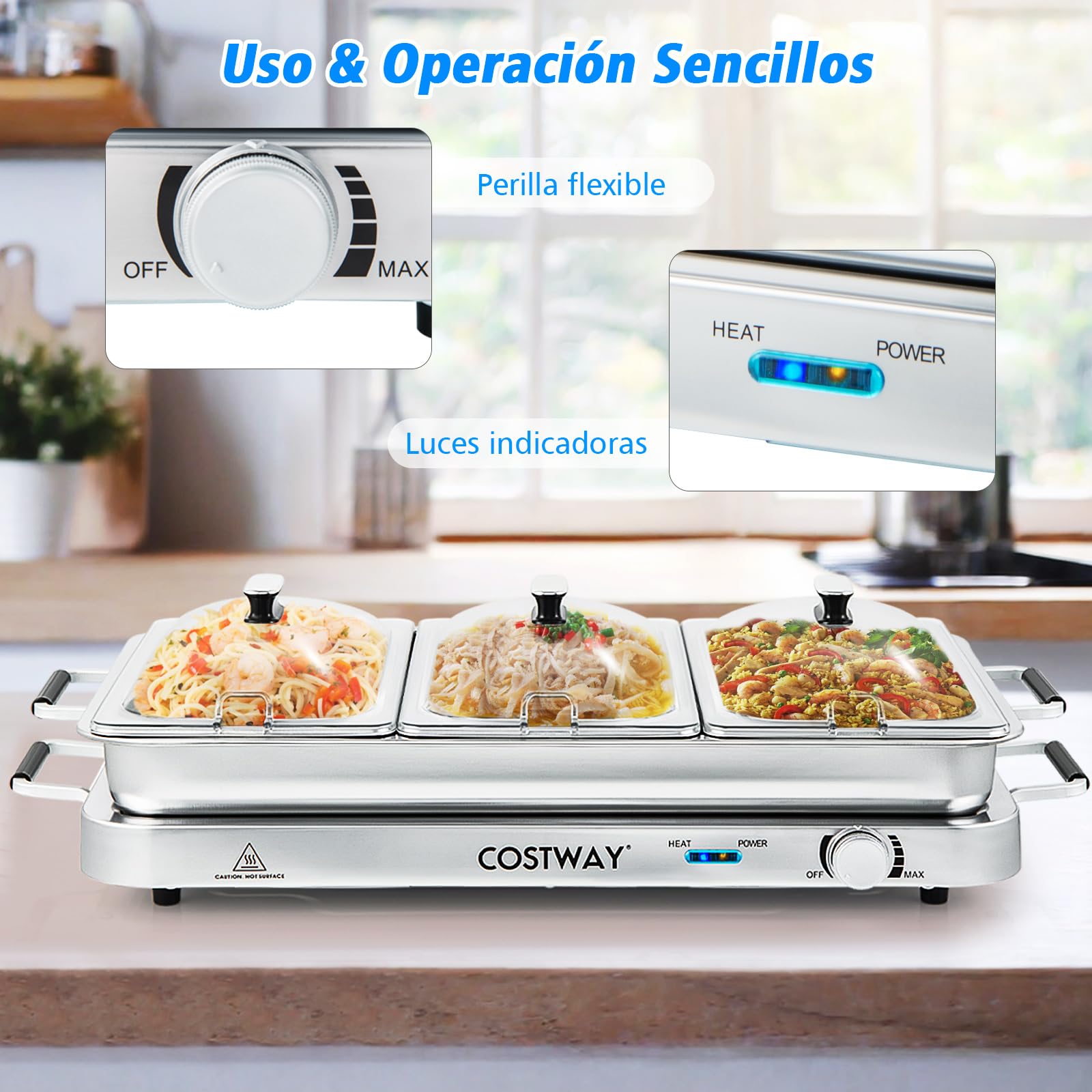 COSTWAY 2 en 1 Bandeja Eléctrica con Control de Temperatura, 450 W Calentador de Alimentos con 3 Bandejas para Servir, Bandeja Portátil de Acero Inoxidable, 9 L Servidor de Buffet