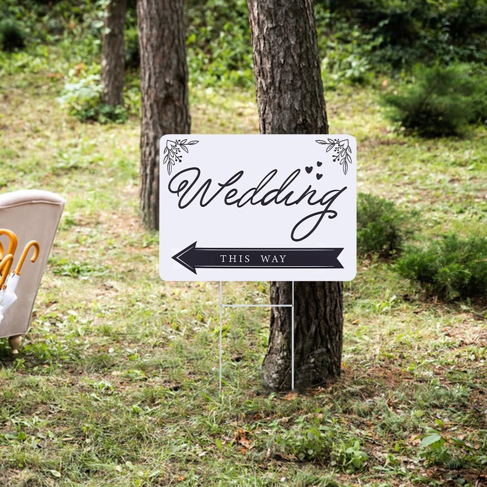 6 Pack Wedding Directional Arrow Signs Wedding This Way Plastic Signs with H Stakes Single-Sided Printed Waterproof Direction Arrow Lawn/Yard Signs Decorations - 16” x 12” Inch