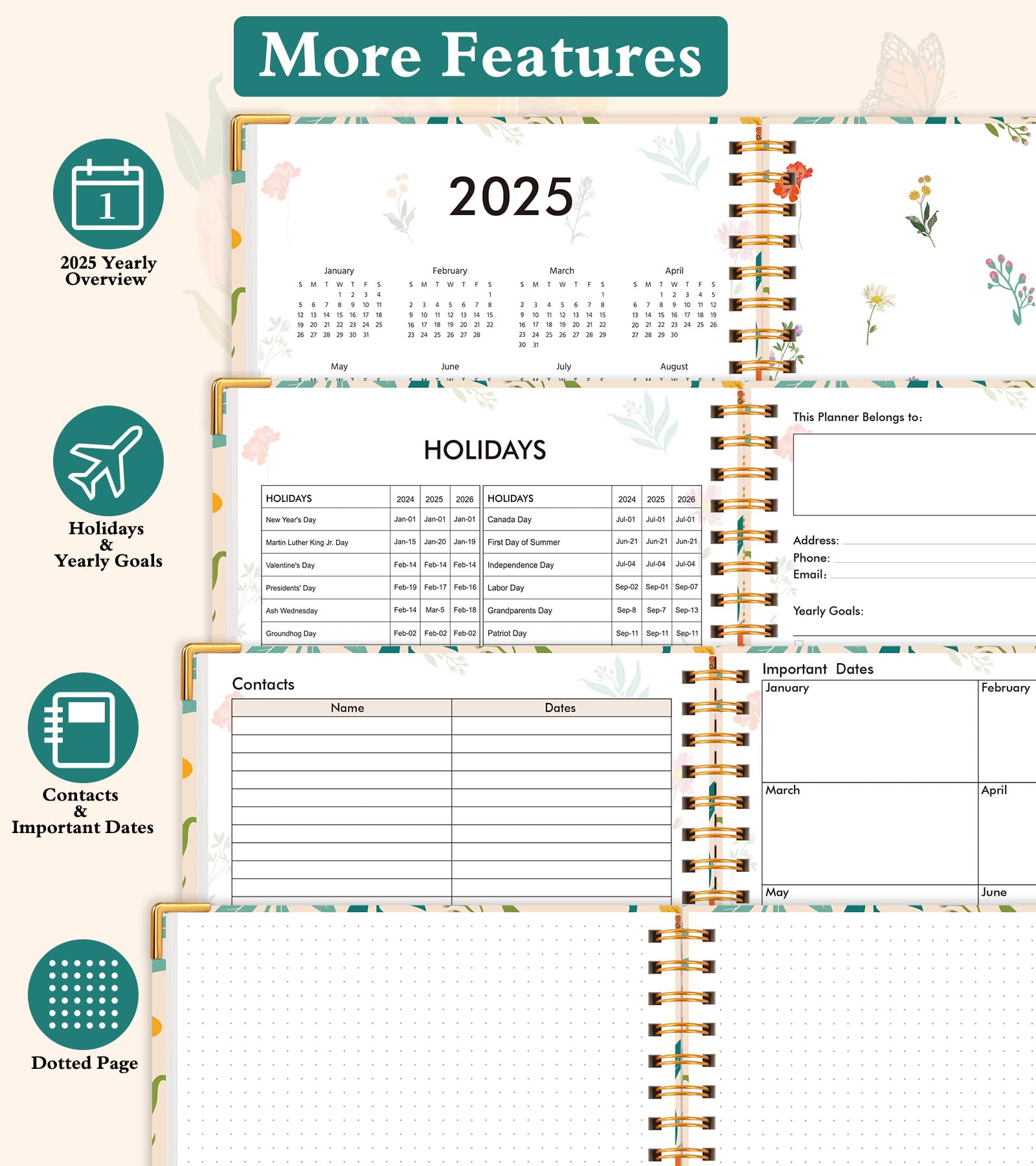 2025-2026 terminarz, planer akademicki, 18 miesięcy, tygodniowy i miesięczny (lipiec 2025 - grudzień 2026), 21,5 cm x 28 cm, codzienny planer godzinowy 60-minutowy, kalendarz spiralny, kalendarz do