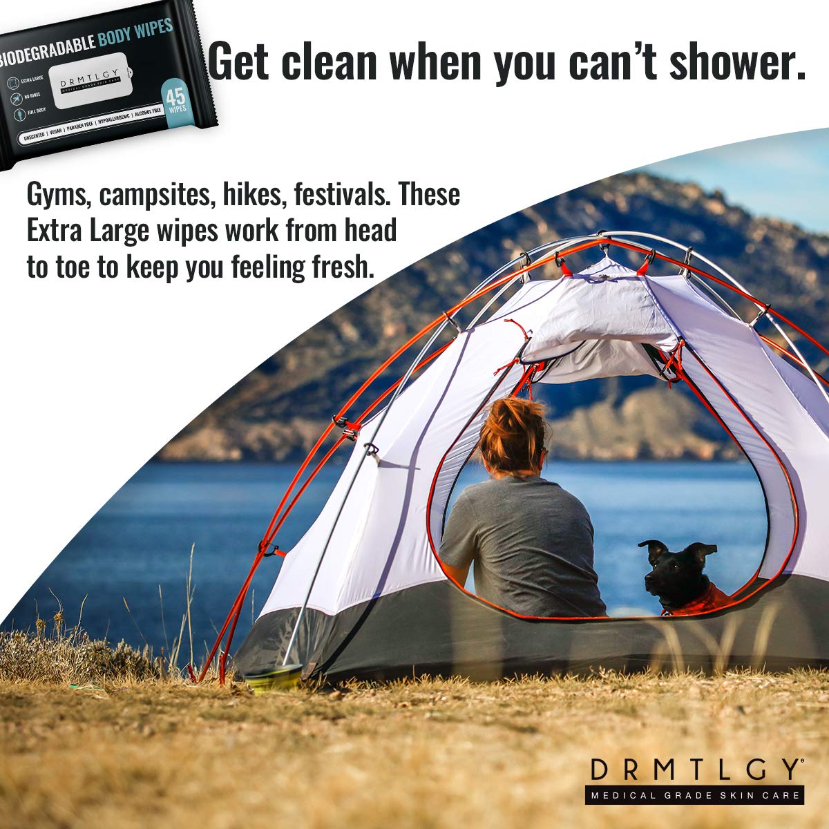 DRMTLGY Body and Face Shower Wipes for Women and Men - 45 Wipes. XTRA Large Biodegradable No Rinse Cleasning Wipes For Camping, Sports, Traveling, and more! : Health & Household