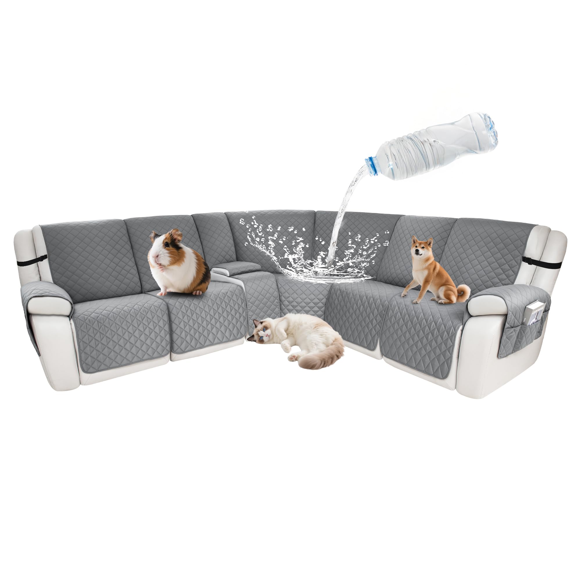 Waterproof Sectional Reclining Couch Covers L Shaped Recliner Sectional Sofa Cover 8 Piece Non Slip Washable Corner Recliner Slipcover Set for Pet Dog (5 Seater 1 Console Cover, Silver Gray)