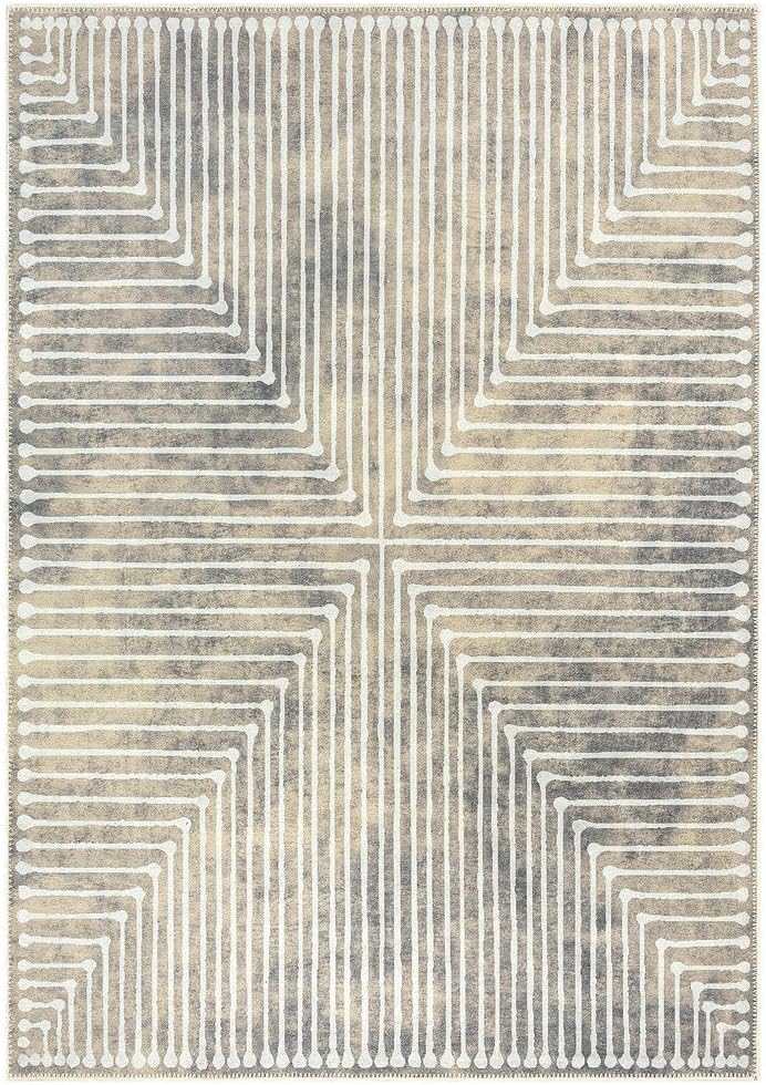 GLN Rugs Contemporary Collection - Machine Washable Area Rug, Contemporary Washable, Non Slip, Low Pile Chenille Rug, Living Room, Bedroom, Kitchen Rug (2' x 3' Lines Cream)