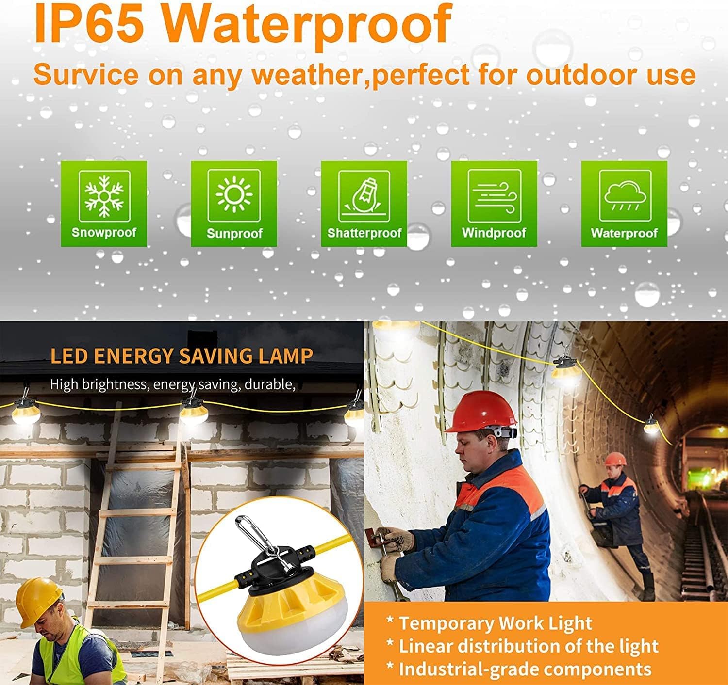 Cadena de luces LED de construcción de 100 pies, grado industrial, ideal para sitios de construcción, renovación, patio, cueva de mina, al aire libre y otras soluciones de iluminación al aire libre,