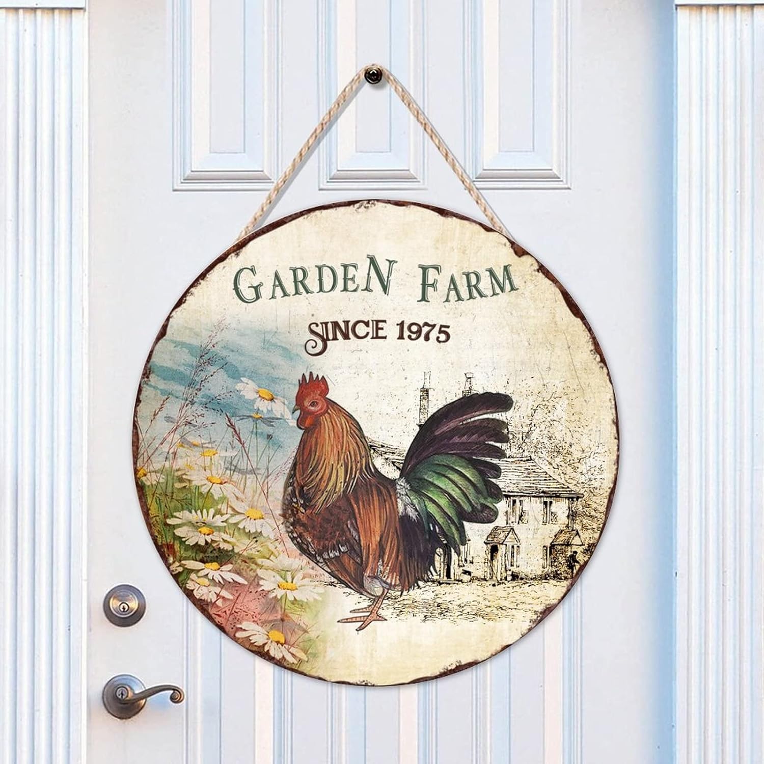 Garden Farm Since 1975 Round Door Hanger Sign, Chicken Wood Door Sign, 16x16in Art Font Wall Door Hanging Sign for Front Door Farmhouse Porch Housewarming Gifts