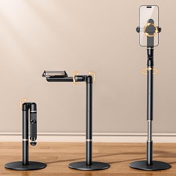 Height/Angle Adjustable Phone Holder, 10"-25" Retractable Tall Phone Stand for Desk,720Rotatable+180flip Phone Holder Stand for Video Calls Kitchen Table Office Etc -Clip Type