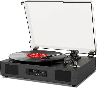 Vinyl Record Player Turntable with Built-in Stereo Speakers, Vintage 3-Speed Turntable for Vinyl Records USB SD Recording with Bluetooth Music Playback, RCA Out and Digital Display, Black