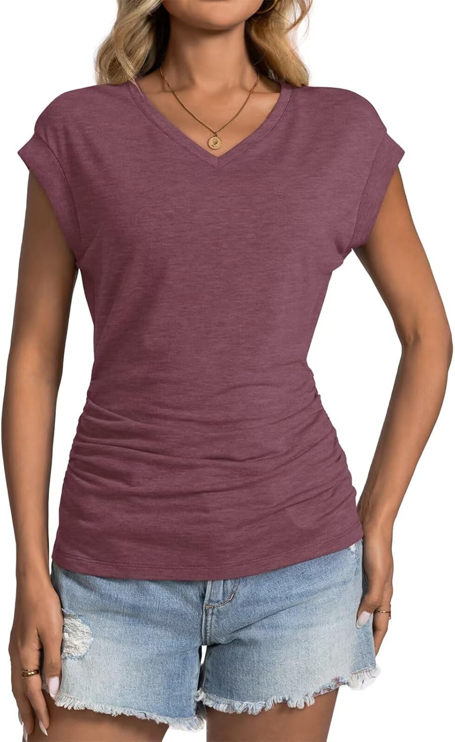 Womens Summer Cap Sleeve Ruched Tops V Neck T Shirts Casual Short Sleeve Shirts Loose Fit Spring Outfit 2025 - Image 4
