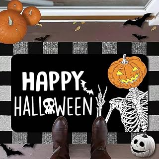 Halloween Door Mat – 16"x28" Indoor and Outdoor Non-Slip Floor Mats with Skeleton & Pumpkin Design, Anti-Skid Rubber Backing Door Rug for Halloween Decorations