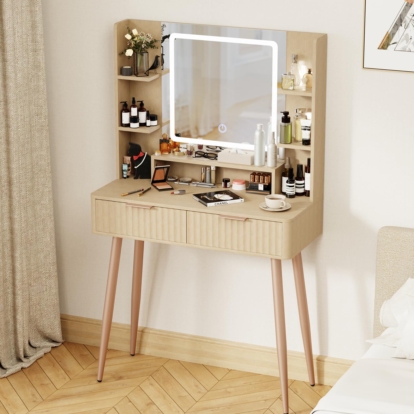 IKALIFE Wooden Dressing Table with Mirror, Small Modern Vanity Table, Oak