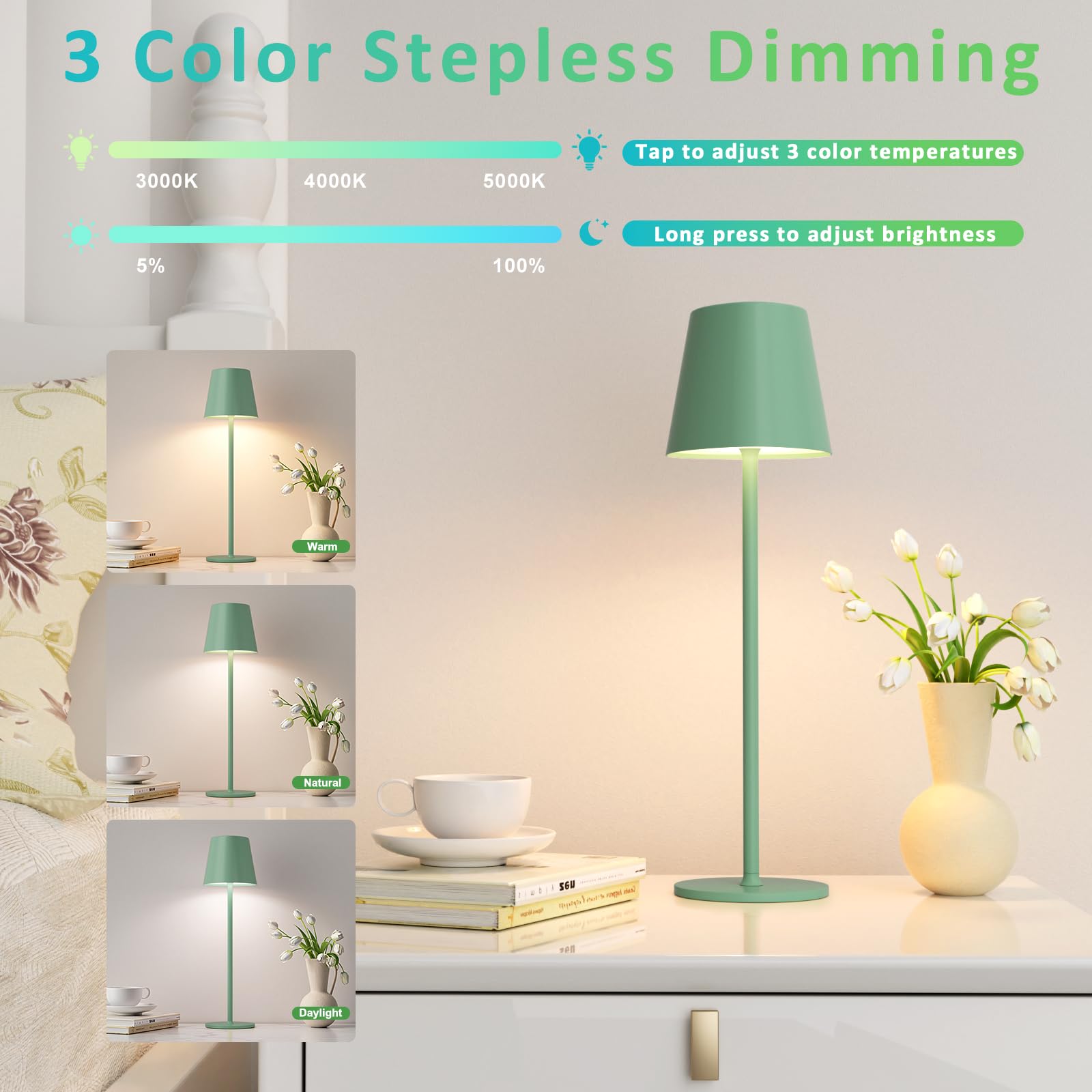 PreeOtti Lampada da Tavolo LED Senza Fili, Touch Dimmerabile, 3 Modalità di Colore, Lampada da Comodino Ricaricabile USB-C per Camera da Letto, Soggiorno, Campeggio all'aperto Esterno Verande(Verde)