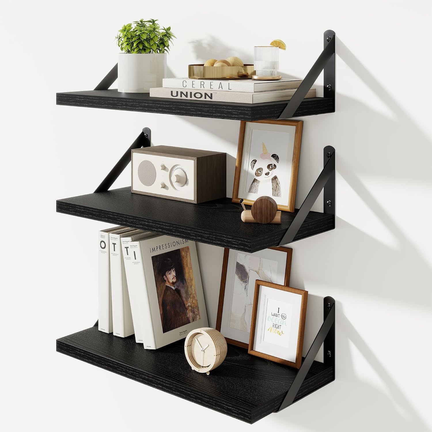 Floating Shelves, 8 Inch Deep Rustic Book Shelf for Wall, 16W x 8D Wall Shelves Set of 3, Heavy Duty Metal Brackets, Wood Display Shelf for Living Room, Kitchen, Bathroom, Study, Walnut