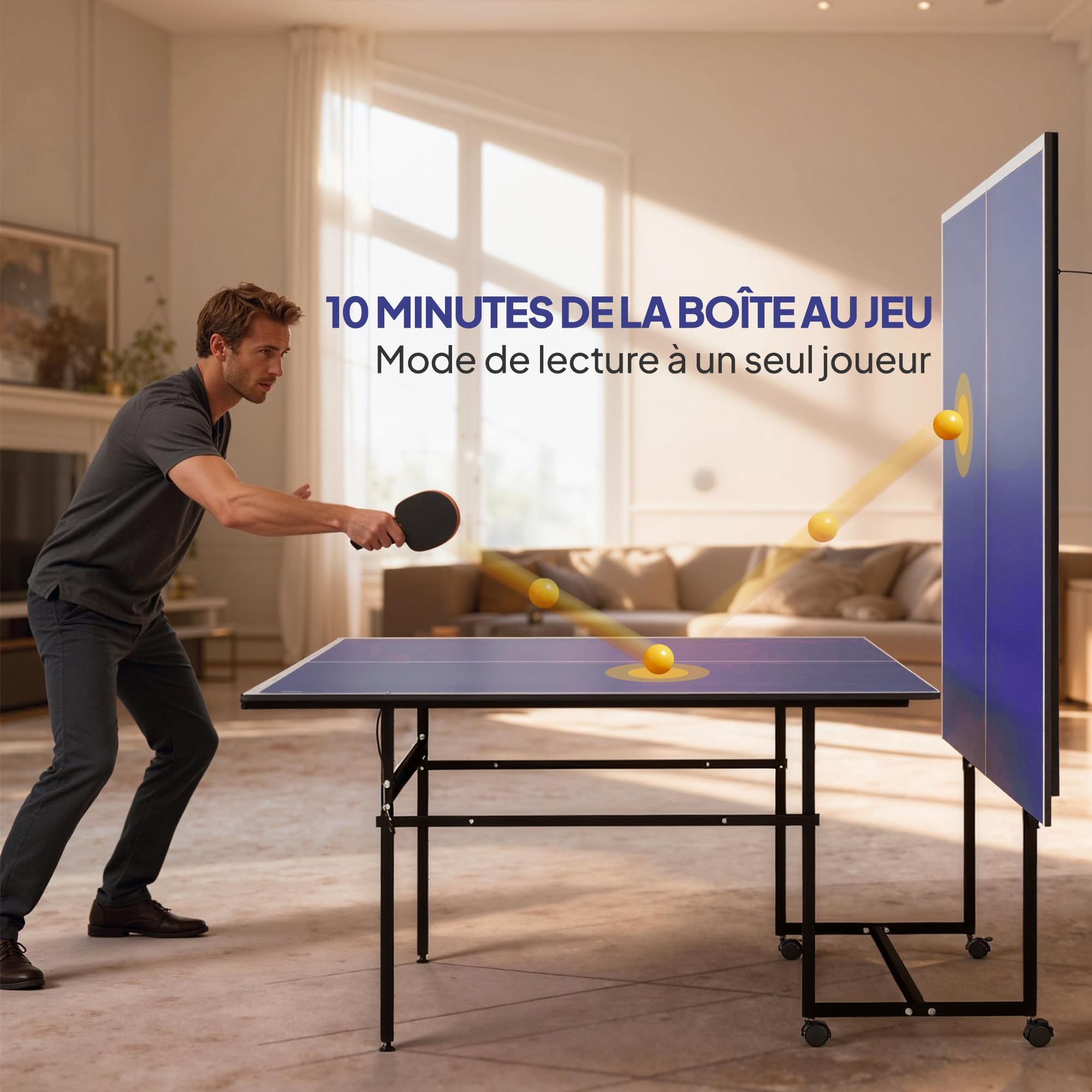 SPORTNOW Table de Tennis de Table, Table de ping-Pong Pliable, compacte, avec 4 roulettes, pour intérieur, 274 x 152,5 x 75,5 cm, Bleu