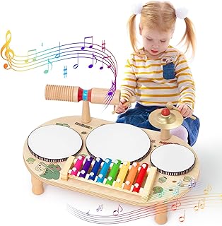 Children's Drum Kit, 8 in 1 Children's Drum Set, Musical Toy Musical Instruments with Xylophone, Wooden Montessori Toy for Boys and Girls