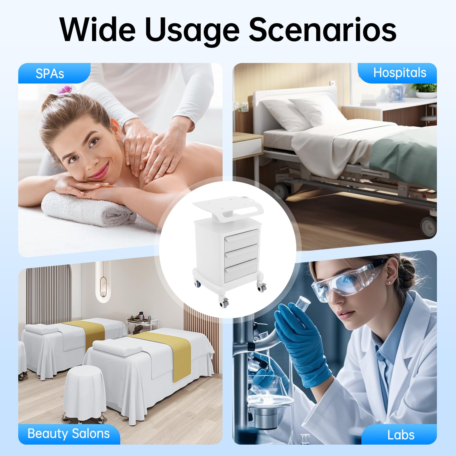 Carro médico con 3 cajones y estante superior | Capacidad de carga de 30 kg | 4 ruedas (2 con frenos) | Para salón de belleza, laboratorio, clínica, hospital, salón