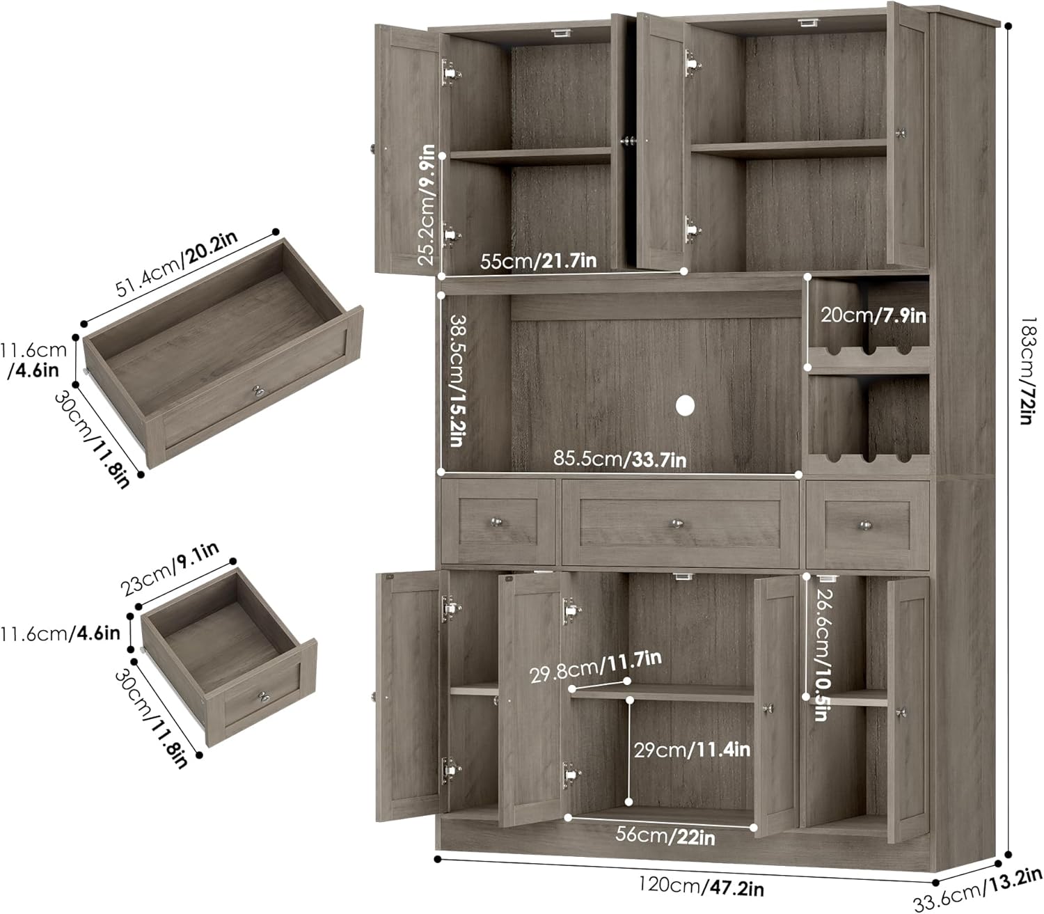 Pantry Organizers and Storage Cabinet, 72” Tall Kitchen Pantry Storage Cabinet with Microwave Stand, Wine Rack, Drawers and Adjustable Shelf for Dining Room, Living Room, Home BarAsh Grey