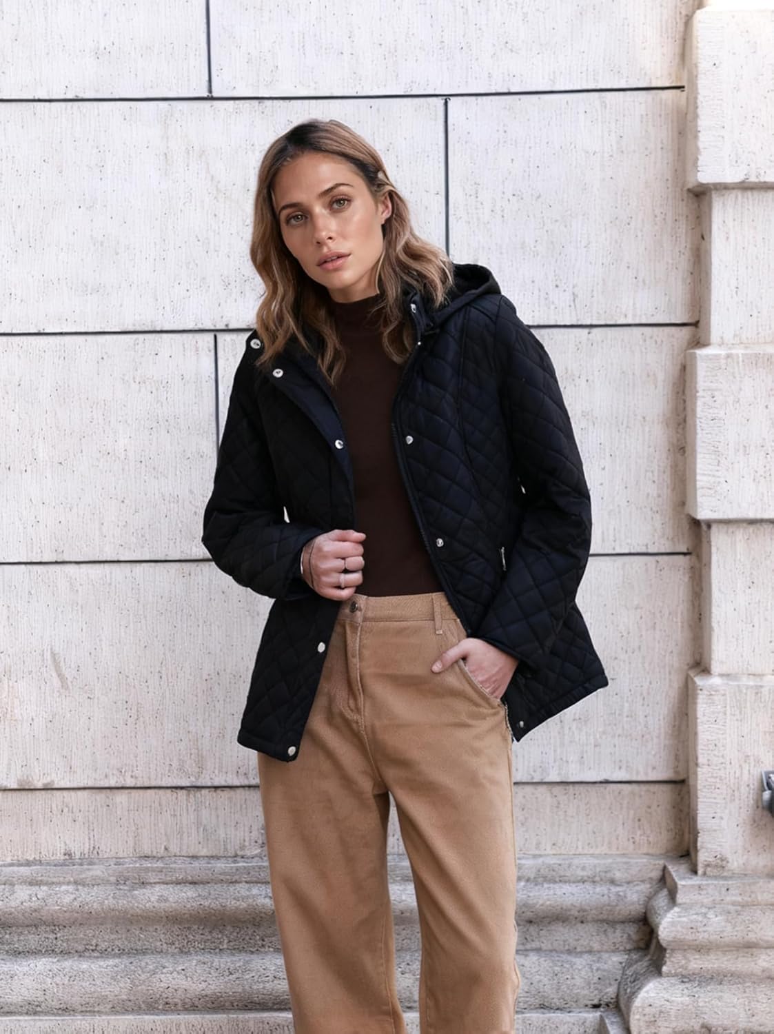 Women's Lightweight Quilted Puffer Jacket Padded Zip Warm Coat Detachable Hooded for Spring and Winter - Image 2