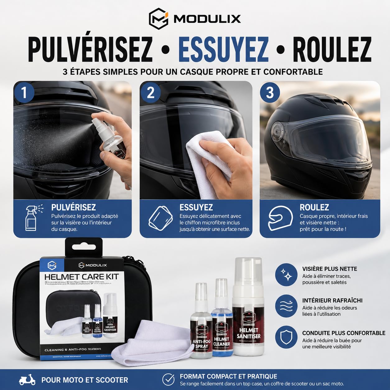 Kit Entretien Casque Moto et Scooter, 3 Sprays Nettoyant Intérieur, Nettoyant Visière et Anti-Buée, Désinfectant Casque 100 ml, Spray Visière 50 ml, Chiffon Microfibre et Trousse Compacte