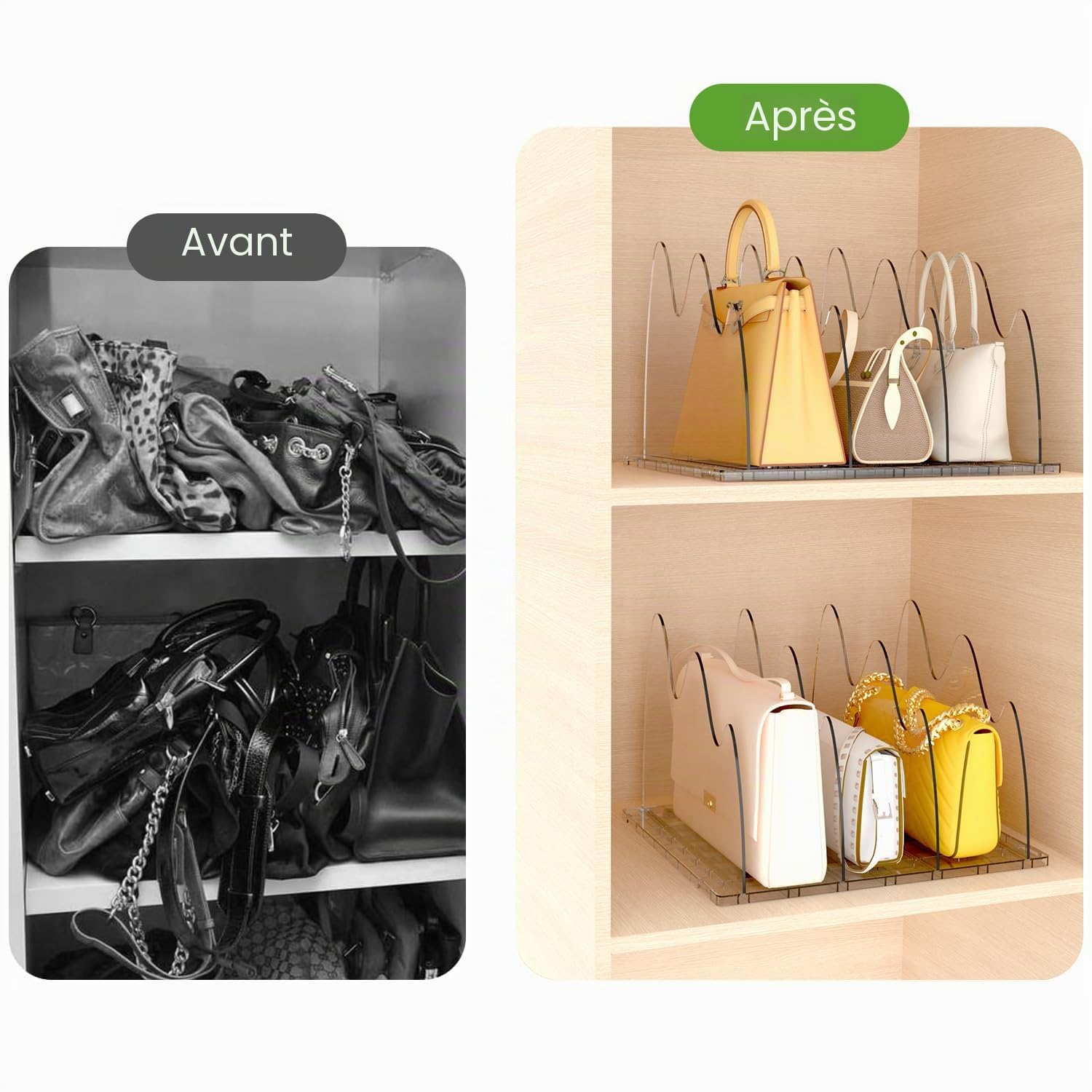 ANTOWIN Lot de 2 supports de sac à main transparents réglables et larges avec base antidérapante pour l'organisation de placard, affichage de sac, affichage de courtoisie