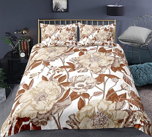 CoutureBridal Juego de funda de edredón floral vintage, tamaño Queen, funda de edredón blanca con patrón de plantas y hojas marrones, 3 piezas,