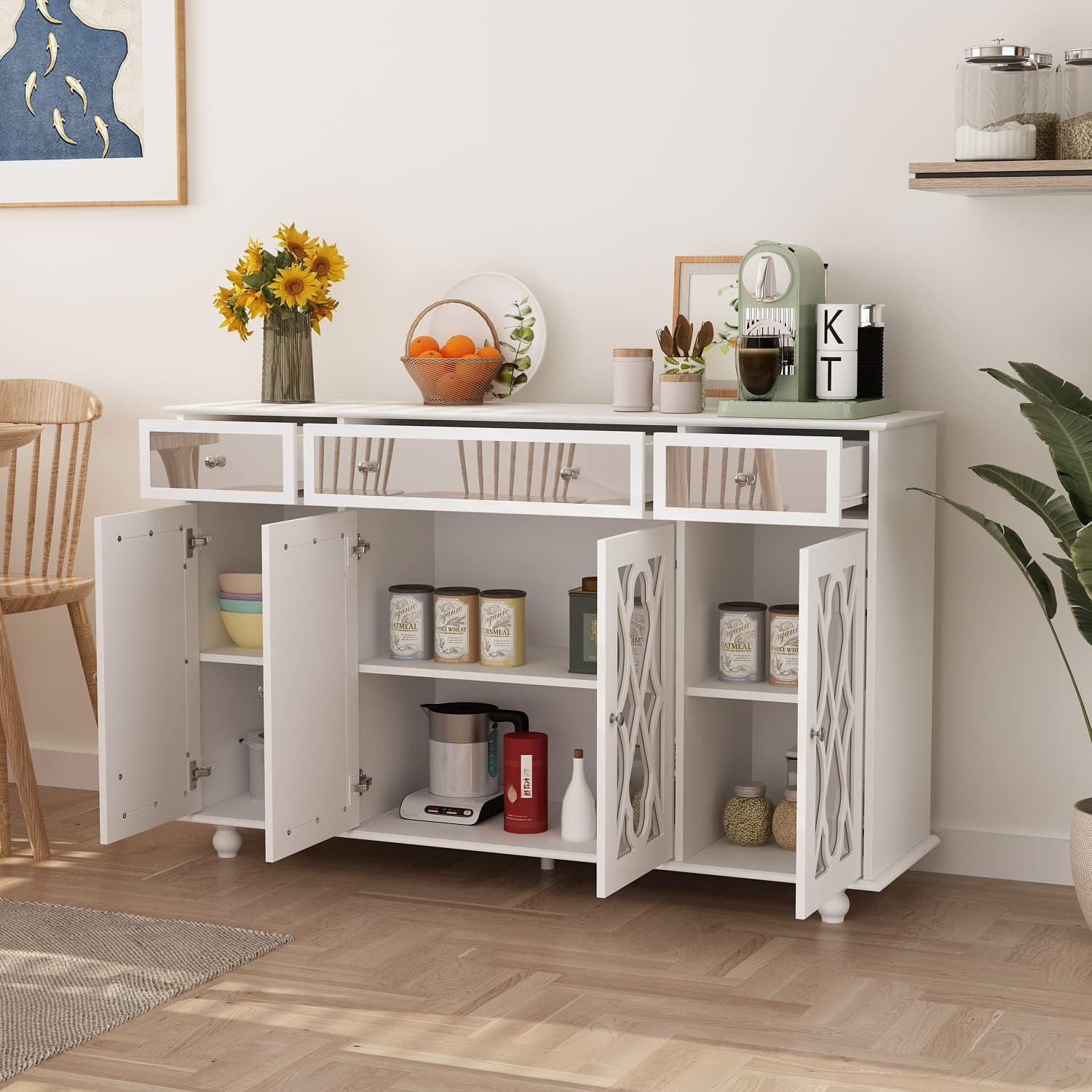 Homsee Buffet Sideboard Storage Cabinet with Mirror Doors, 3 Drawers & 6 Storage Compartments, Kitchen Cupboard Console Table for Hallway and Living Room, White (55.1”L x 15.7”W x 35.4”H)