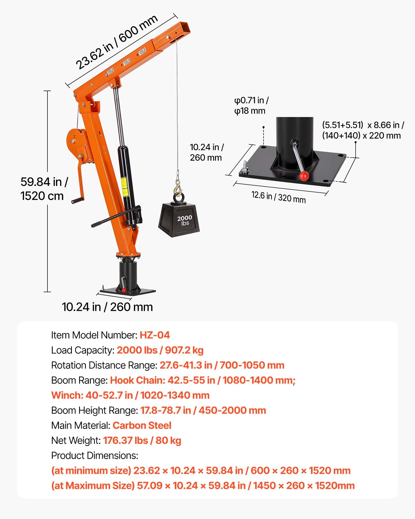 VEVOR Pickup Kran mit 907,2kg Tragkraft, Manueller Ladekran Inkl. Handwinde & 12t Hydraulikpumpe, Hebekran mit Teleskopausleger & 360° Drehkranz, Hebezeug aus Kohlenstoffstahl für Pick-up LKW Anhänger