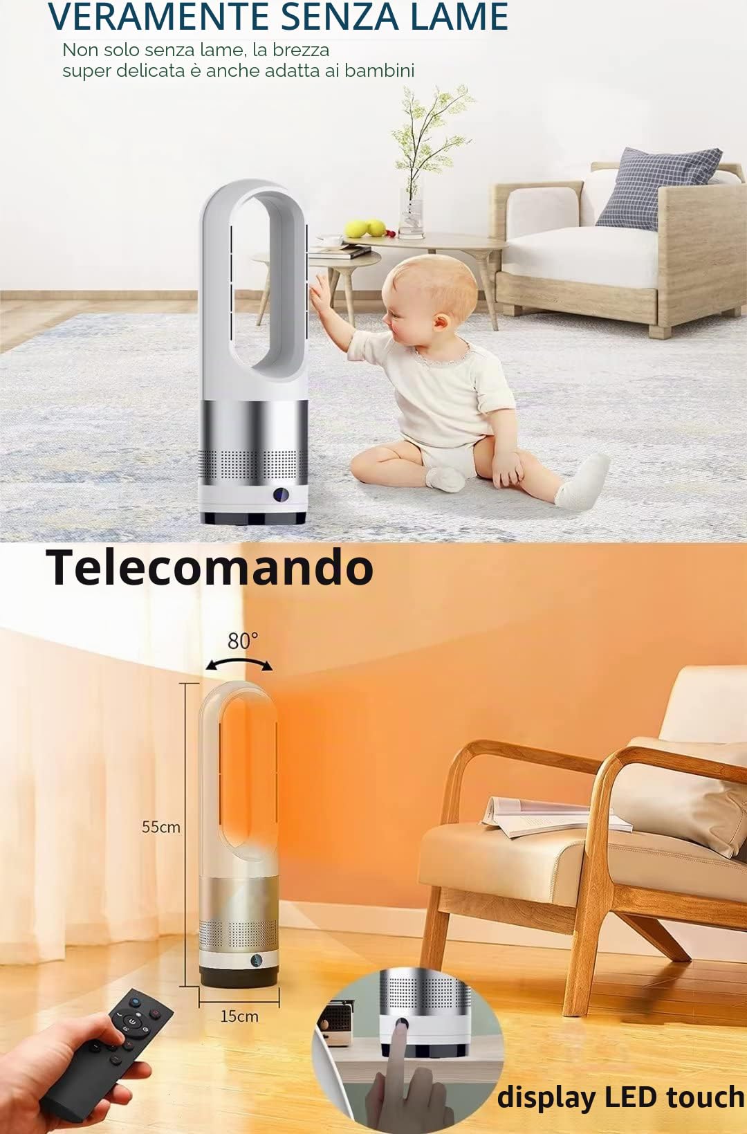 Ventilatore a torre senza pale caldo e freddo da 45,7 cm, oscillante, circolatore d'aria con 8 velocità, timer, purificatore intelligente con telecomando per camera da letto, casa