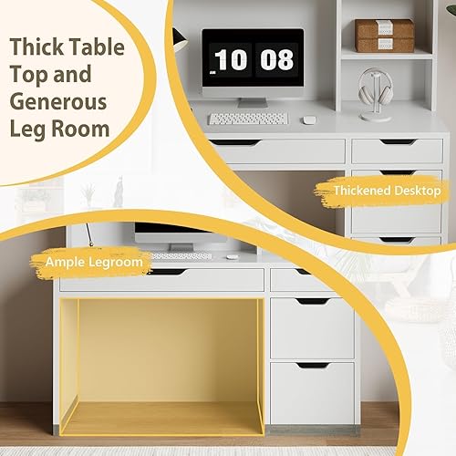 Miniatura 5 de Escritorio blanco con gabinete y cajones, escritorio para computadora de 53 pulgadas con cajón de archivos de almacenamiento, escritorio de estudio