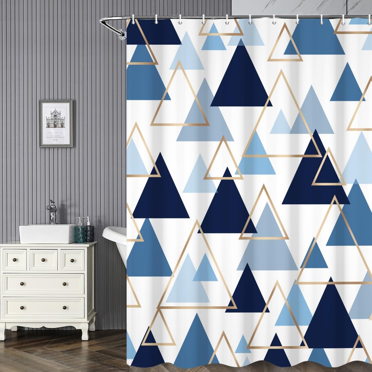 Abstract Geometric Shower Curtain Blue Triangle Pattern Modern Minimalist Art Bath Curtains for Bathroom Decor Polyester Waterproof Fabric Accessory Set with Hooks 72x72 inch