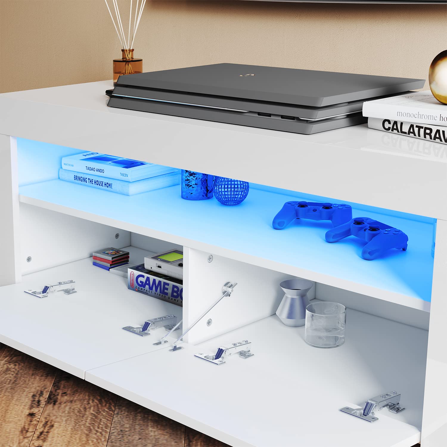 TV Board bianco lucido con illuminazione LED RGB 120 x 40 x 45 cm (larghezza x profondità x altezza) soggiorno moderno legno piccolo