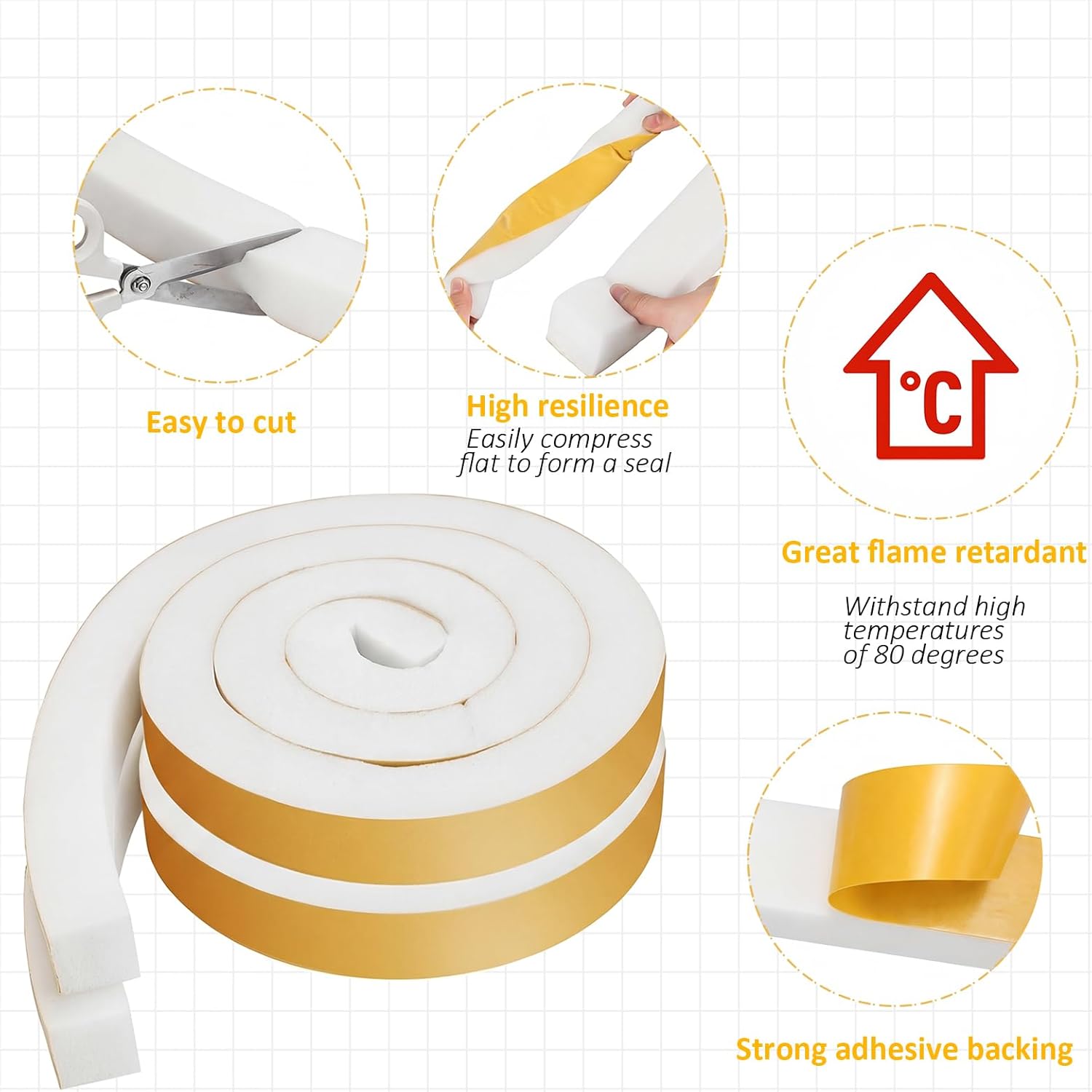 2 Rolls 1-1/2 Inch W x 1-1/2 Inch H Foam Weather Stripping with Adhesive 8 ft Foam Density Closed Cell Tape Seal for Uneven Gaps Doors Windows (White)