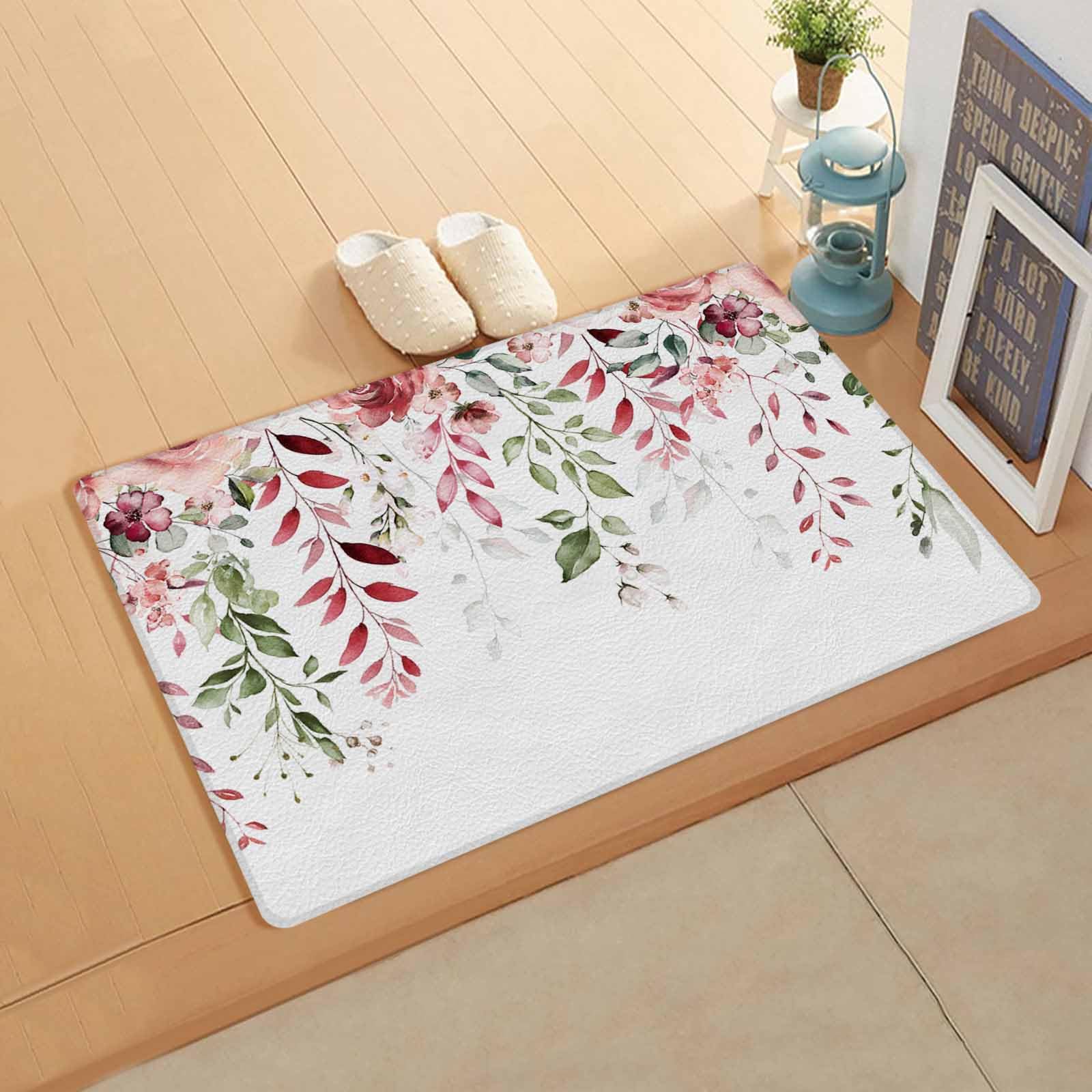 Valentine's Day Kitchen Bath Door Mat Cushioned Runner Rug,Washable Welcome Floor Sink Antifatigue Mat,Waterproof & Non-Slip Comfort Standing Doormat,Spring Romantic Rose Flower Leaves 18