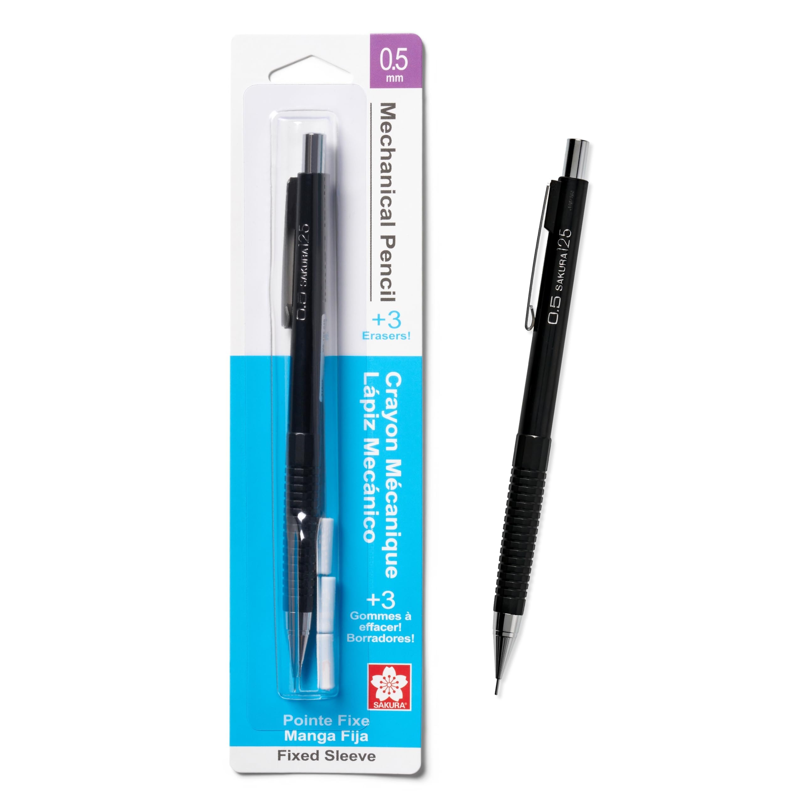 SAKURA 50297 Mechanical Pencil Fixed Sleeve 0.5-mm with 3 Erasers, Black