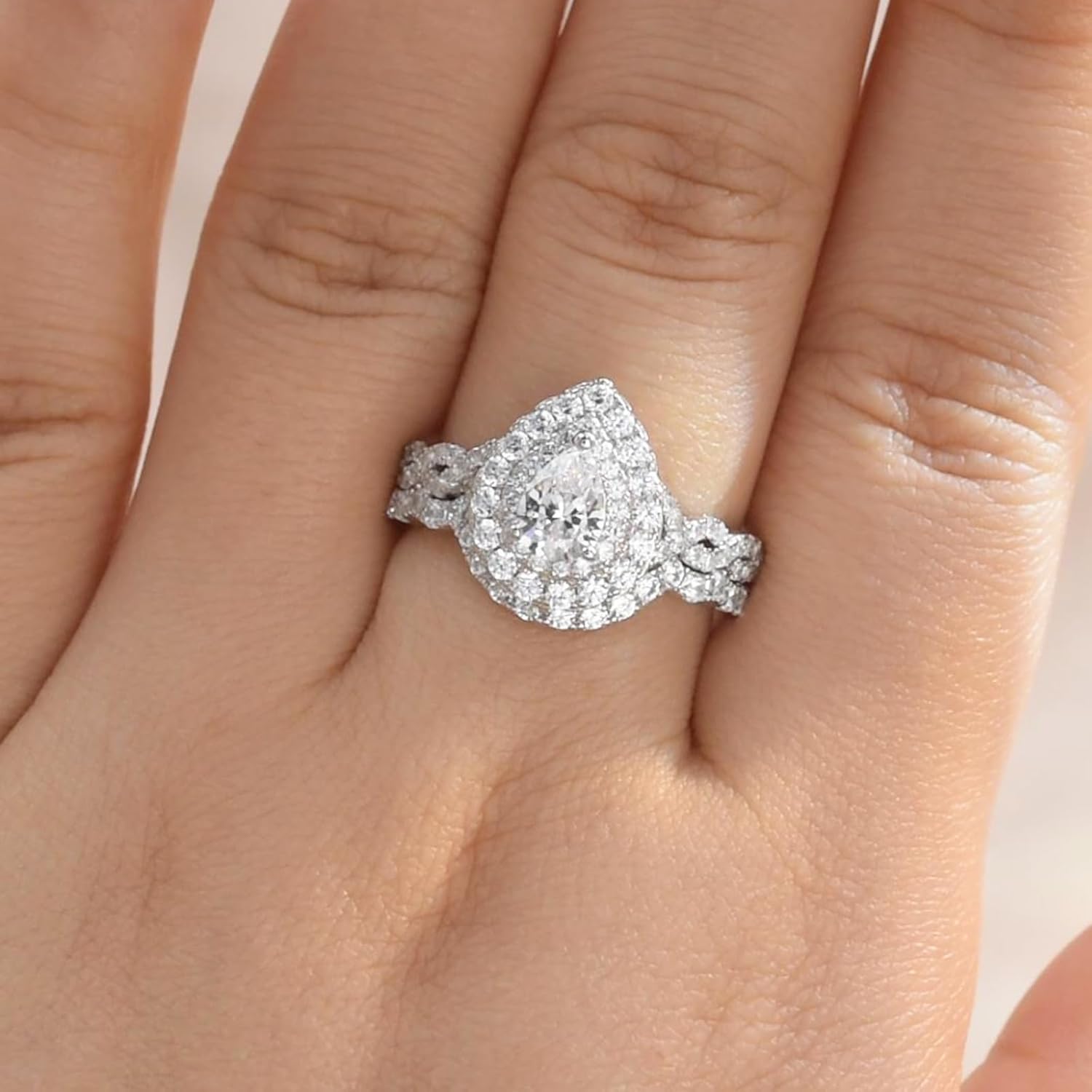 Newshe Jewellery Cubic Zirconia Wedding Rings for Women 925 Sterling Silver Engagement Bridal Ring Set Pear White Promise Anniversary Band Size 4-13