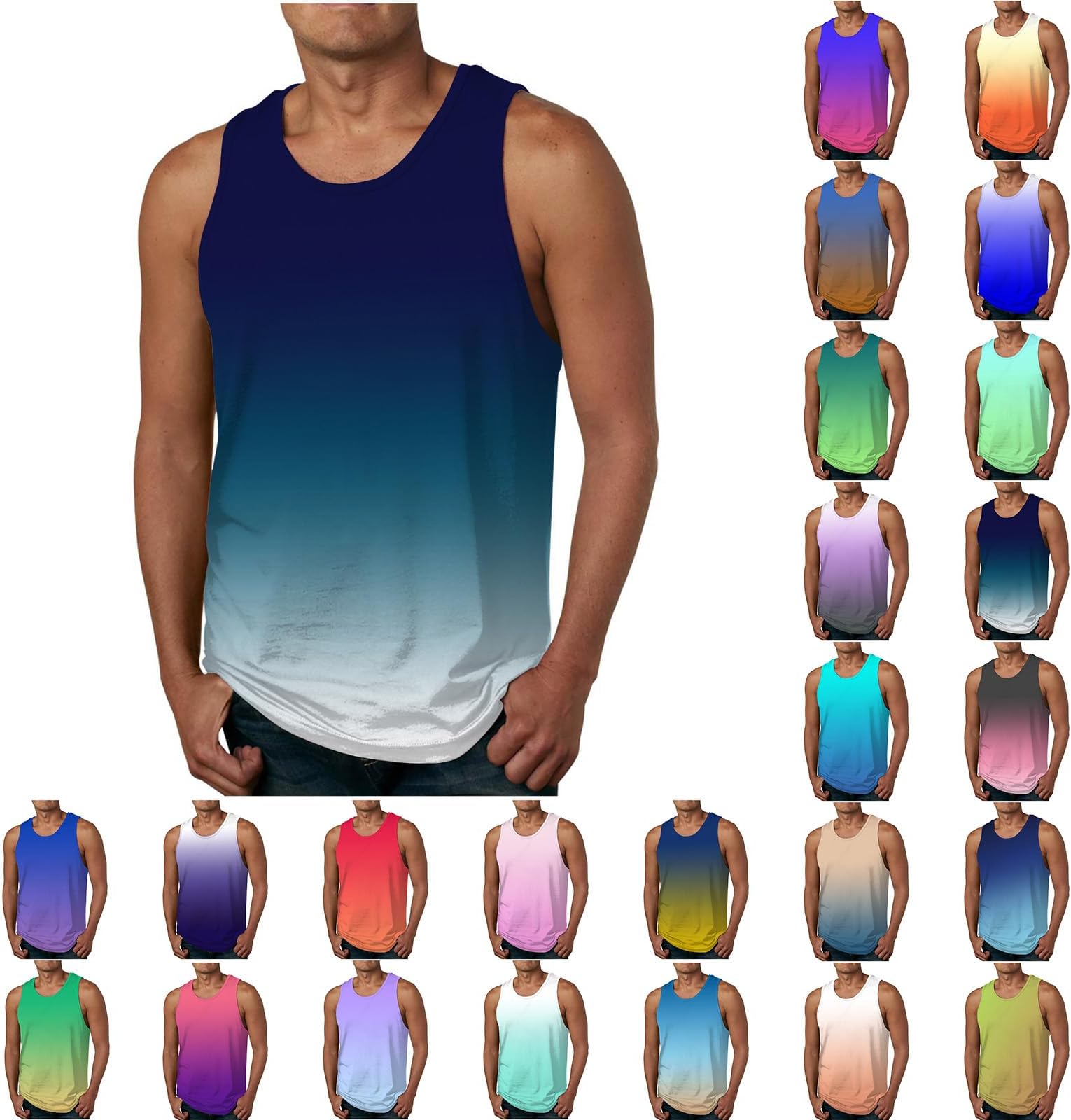 Mens Summer Sleeveless T Shirts Casual Round Neck Tank Top Gradient Print Gym Tops Plus Size Tops Running Vests Workout Vest