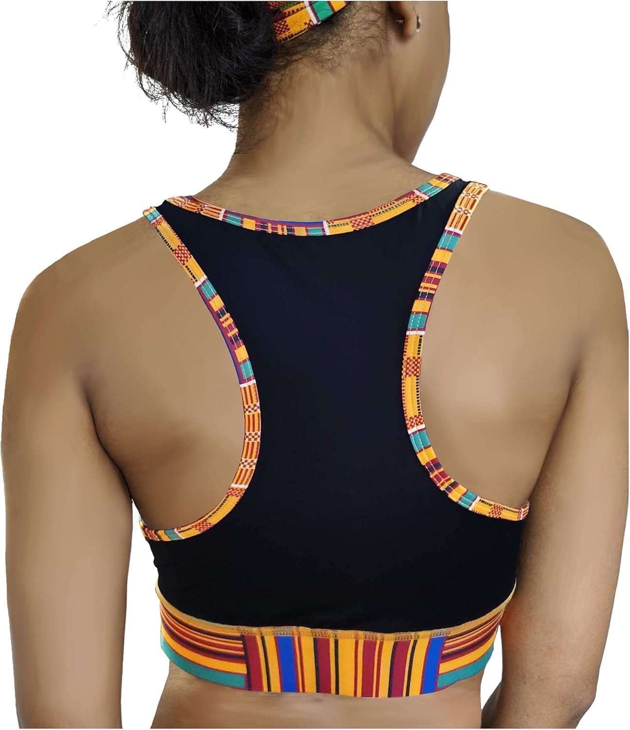 Dupsie's Washoge Alfina Black with Kente African Print Sports Bra for Women -Padded Seamless for Yoga Gym Workout Fitness