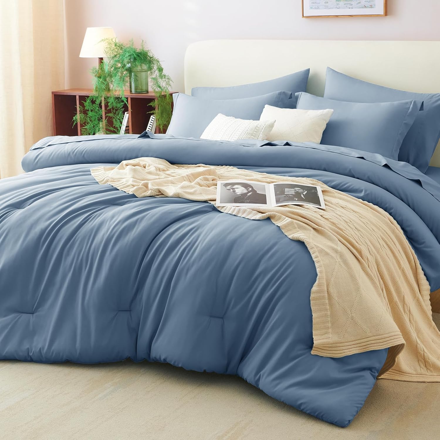 CozyLux Queen Comforter Set Grayish Blue, 7 Pieces Bed in a Bag Queen Comforter Set with Sheets, Bedding Sets with Down Alternative Comforter, Fitted Sheets, Flat Sheets, Pillow Shams and Pillowcases Grayish Blue Queen