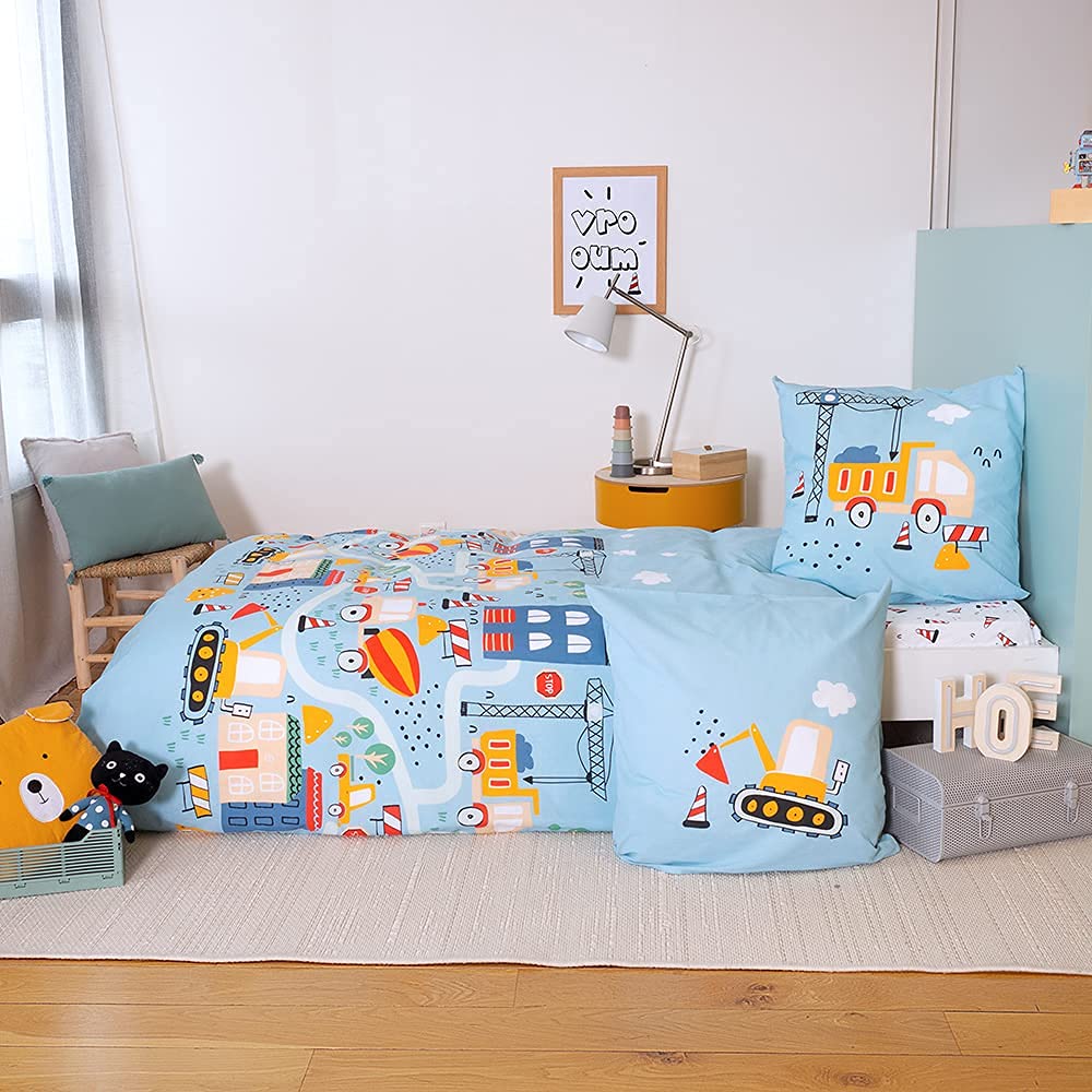CÔTE DECO Parure da letto per bambini, reversibile, camion e trattore, blu, copripiumino 140 x 200 cm + 1 federa 63 x 63 cm, 100% cotone
