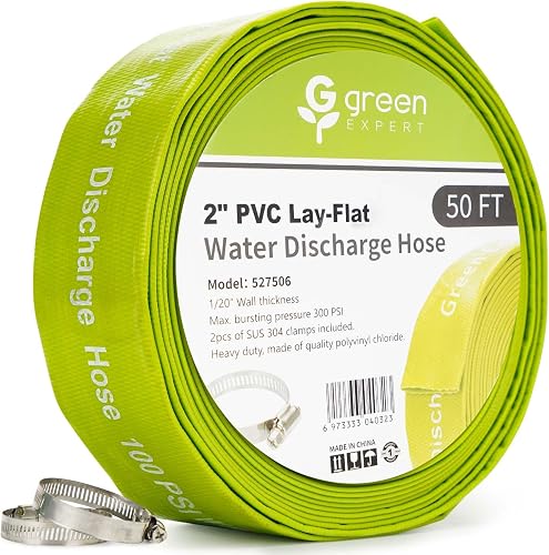 Green Expert 2 in ID Heavy-Duty PVC Lay-Flat Discharge Hose Reinforced, 50 ft, Clamp Kit Included, for Pool Backwash, Flood Cleanup, Construction Dewatering, Irrigation & Water Transfer