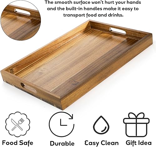 Miniatura 4 de YOUEON Paquete de 2 bandejas grandes de madera de acacia con asas, bandejas decorativas de madera de 17 x 12 pulgadas para servir alimentos,