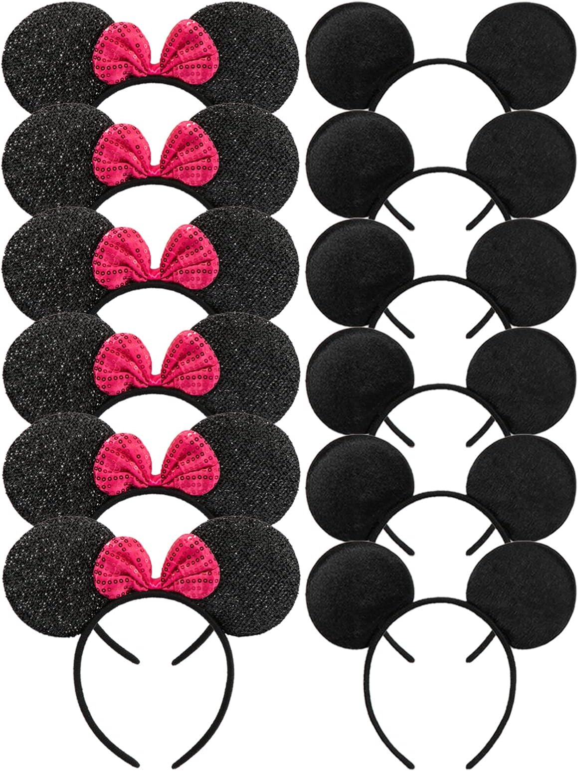 CHuangQi 12 pcs Mouse Ears Headbands, Solid Black & Rose Red Bow for Boys and Girls Birthday Party