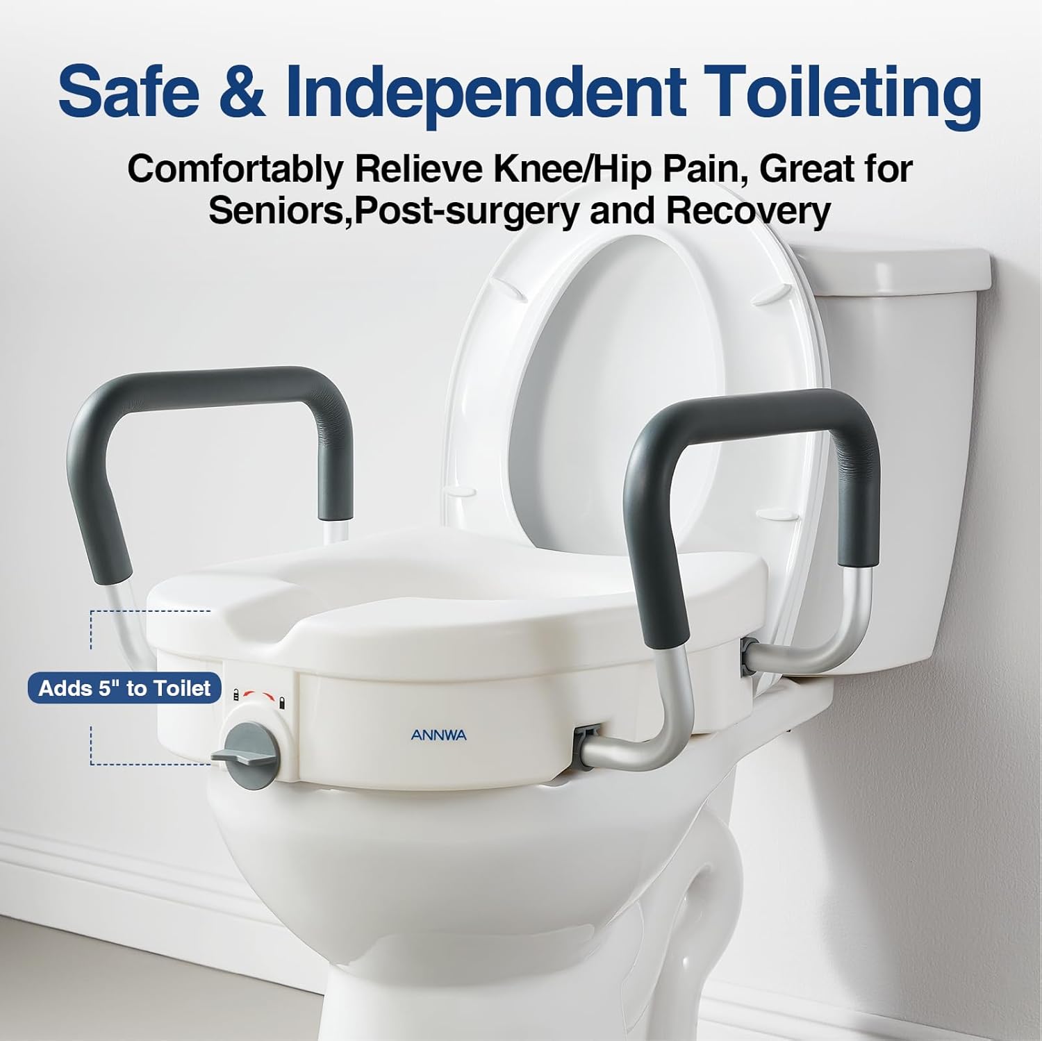 Raised Toilet Seat with Removable Padded Arms Adjustable Width 5" Toilet Seat Riser Supports 300lbs for Seniors, Pregnant, Handicap(N1FYT13-AZ)