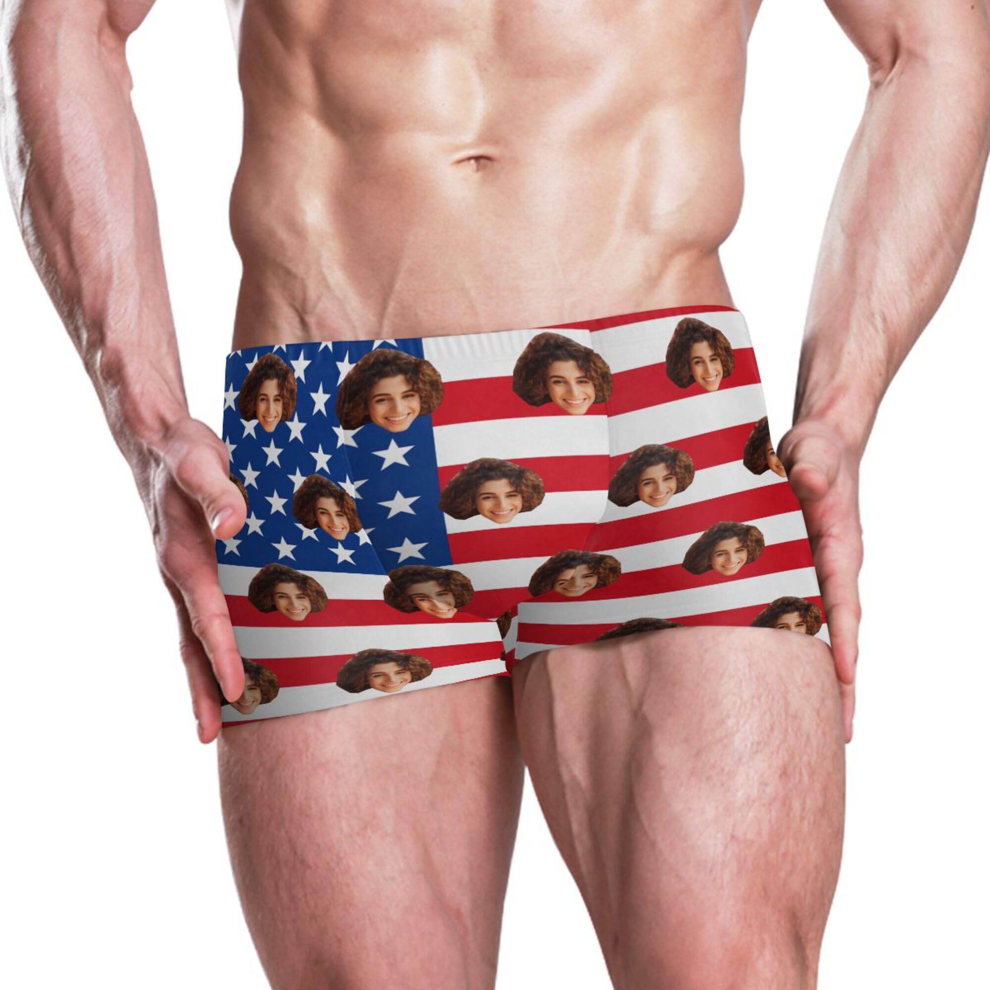 Custom Face American Flag Funny Men's Swim Briefs Athletic Bathing Suit Square Leg Board Short for Men L